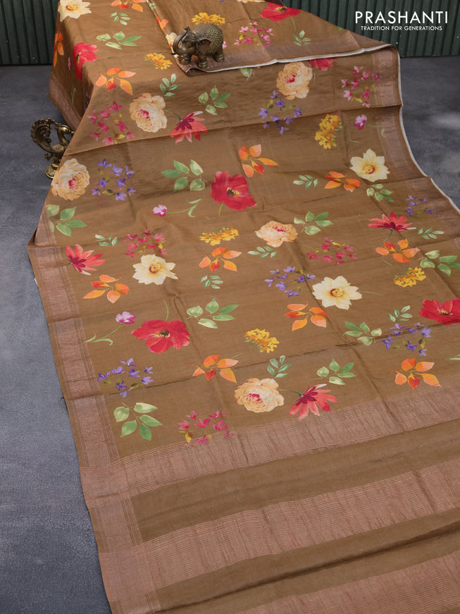 Pure tussar silk saree dark mustard with allover floral prints and zari woven border