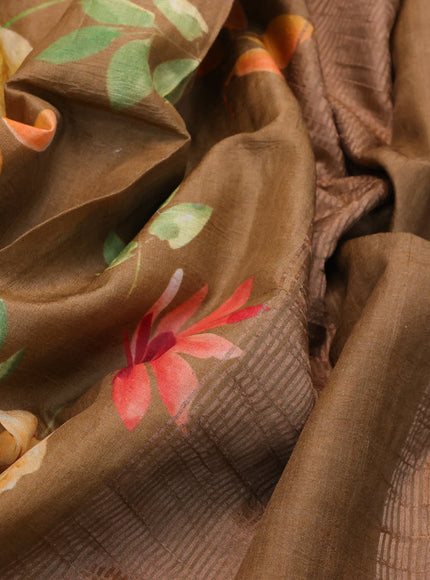 Pure tussar silk saree dark mustard with allover floral prints and zari woven border