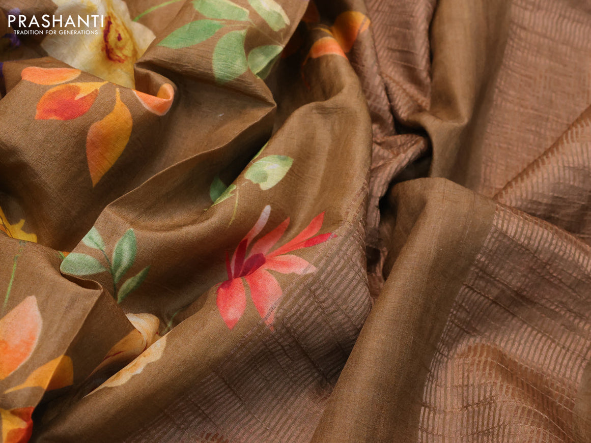 Pure tussar silk saree dark mustard with allover floral prints and zari woven border