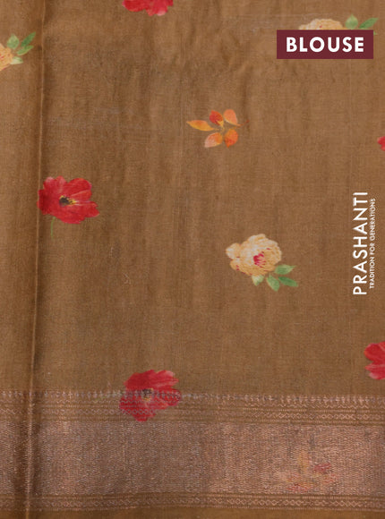 Pure tussar silk saree dark mustard with allover floral prints and zari woven border