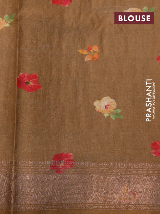 Pure tussar silk saree dark mustard with allover floral prints and zari woven border