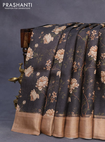 Pure tussar silk saree black and brown with allover floral prints and zari woven border