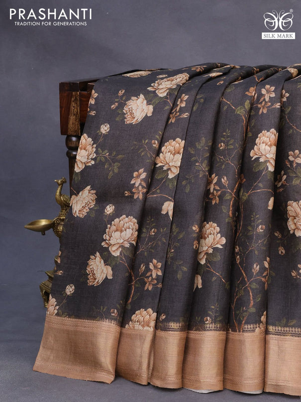 Pure tussar silk saree black and brown with allover floral prints and zari woven border