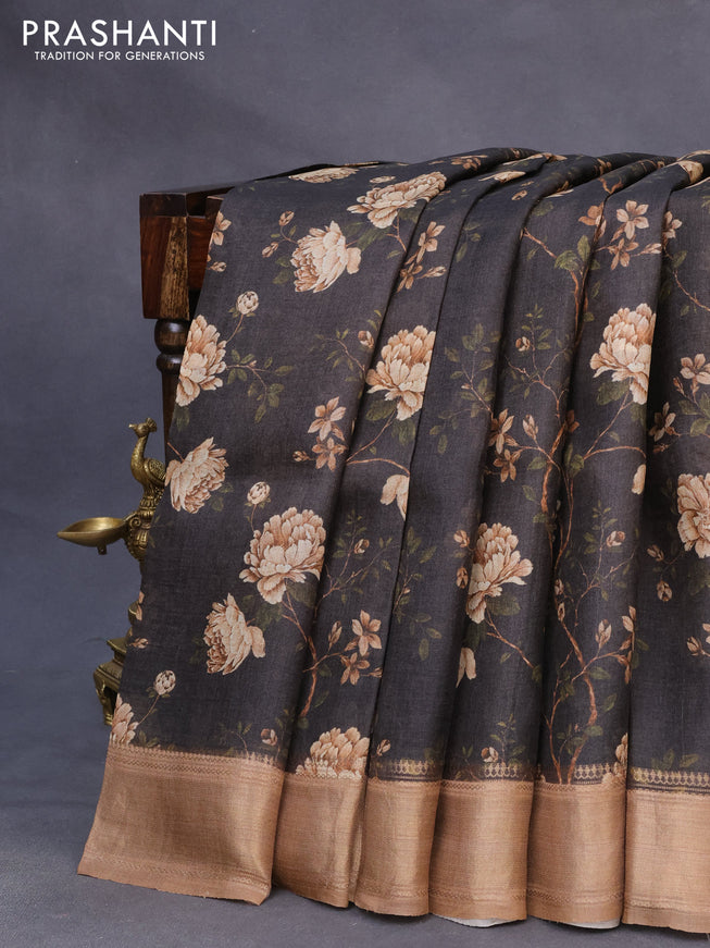 Pure tussar silk saree black and brown with allover floral prints and zari woven border