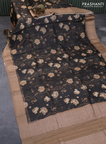 Pure tussar silk saree black and brown with allover floral prints and zari woven border