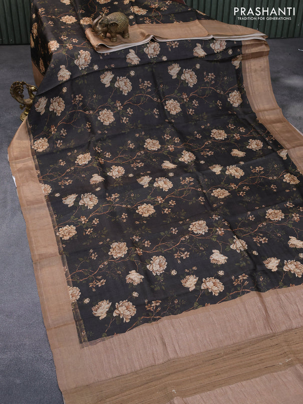 Pure tussar silk saree black and brown with allover floral prints and zari woven border