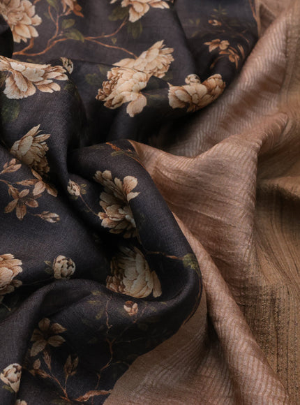 Pure tussar silk saree black and brown with allover floral prints and zari woven border