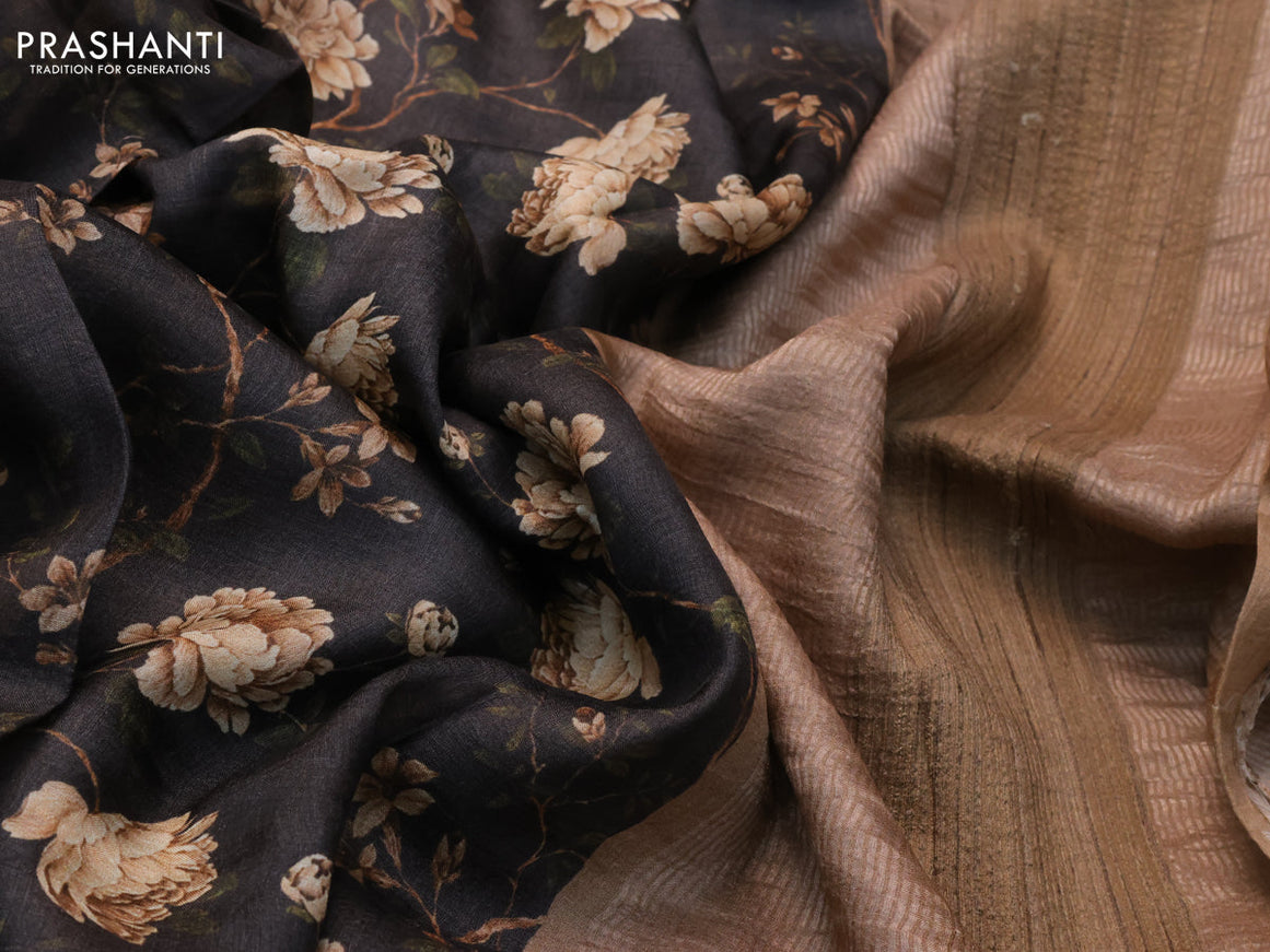 Pure tussar silk saree black and brown with allover floral prints and zari woven border