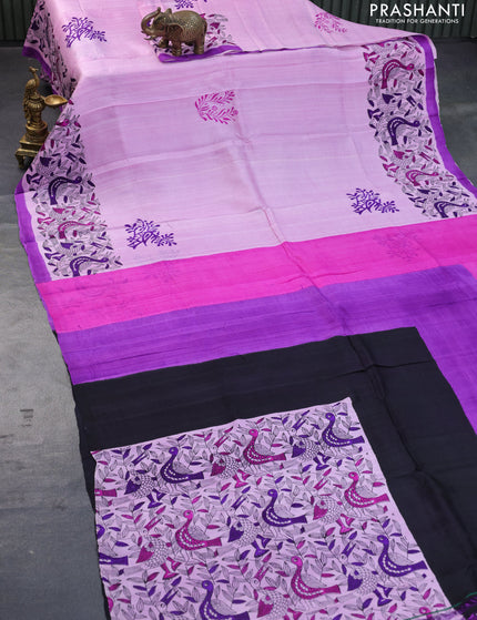 Bishnupuri silk saree light pink and purple with butta prints and printed border