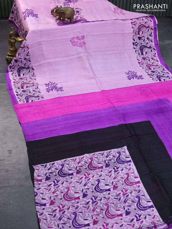 Bishnupuri silk saree light pink and purple with butta prints and printed border