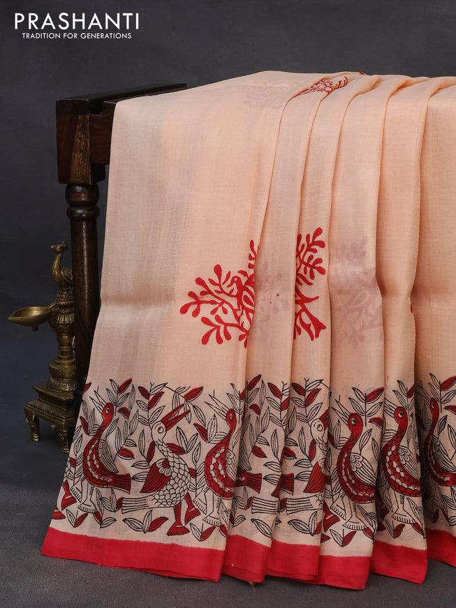 Bishnupuri silk saree peach shade and red with butta prints and printed border