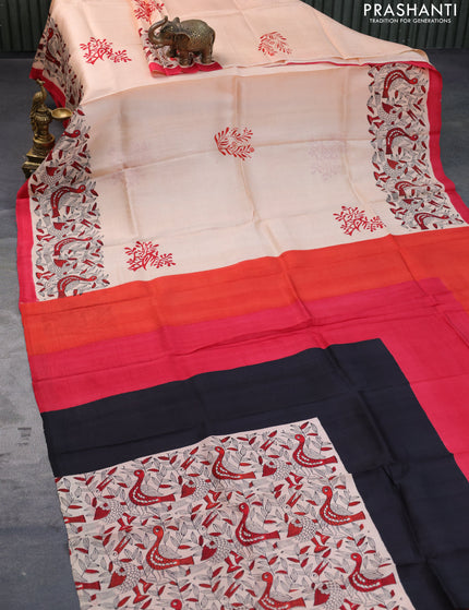 Bishnupuri silk saree peach shade and red with butta prints and printed border