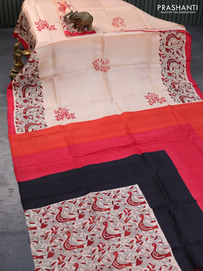 Bishnupuri silk saree peach shade and red with butta prints and printed border