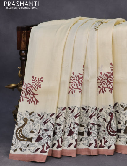 Bishnupuri silk saree cream and brown with butta prints and printed border