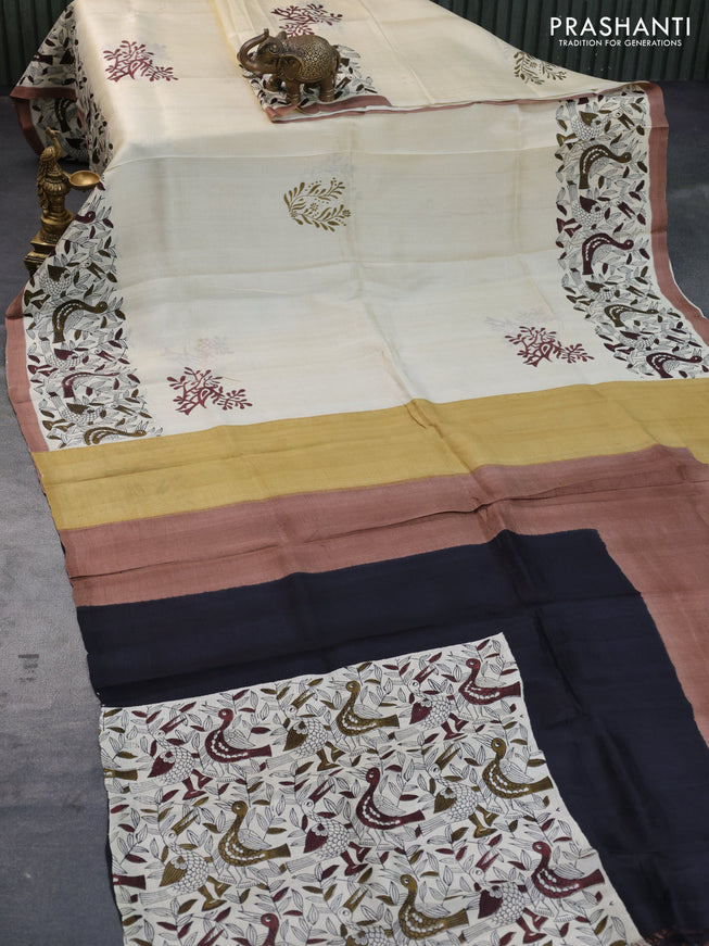 Bishnupuri silk saree cream and brown with butta prints and printed border