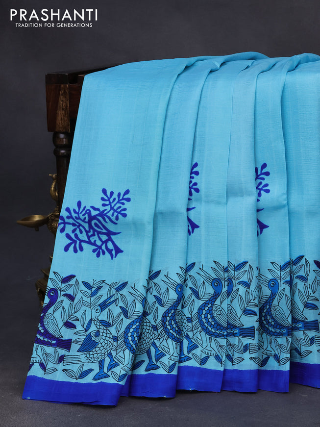 Bishnupuri silk saree light blue and royal blue with butta prints and printed border