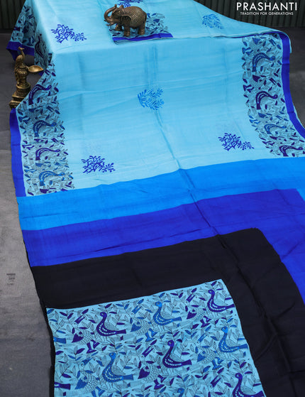 Bishnupuri silk saree light blue and royal blue with butta prints and printed border