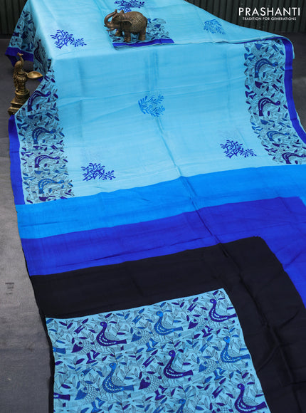 Bishnupuri silk saree light blue and royal blue with butta prints and printed border