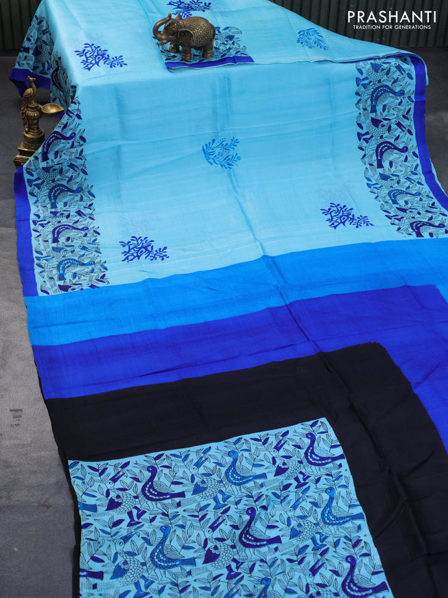 Bishnupuri silk saree light blue and royal blue with butta prints and printed border