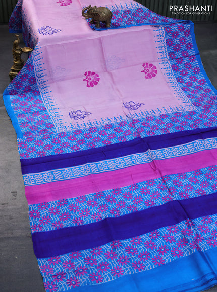 Bishnupuri silk saree light pink and cs blue with butta prints and printed border