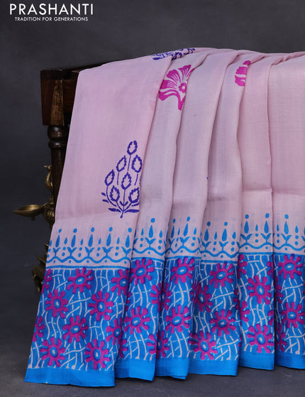 Bishnupuri silk saree pastel pink and cs blue with butta prints and printed border