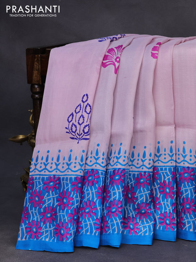 Bishnupuri silk saree pastel pink and cs blue with butta prints and printed border