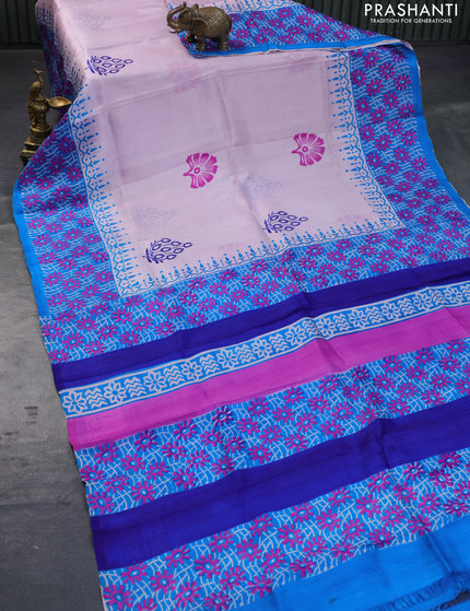 Bishnupuri silk saree pastel pink and cs blue with butta prints and printed border