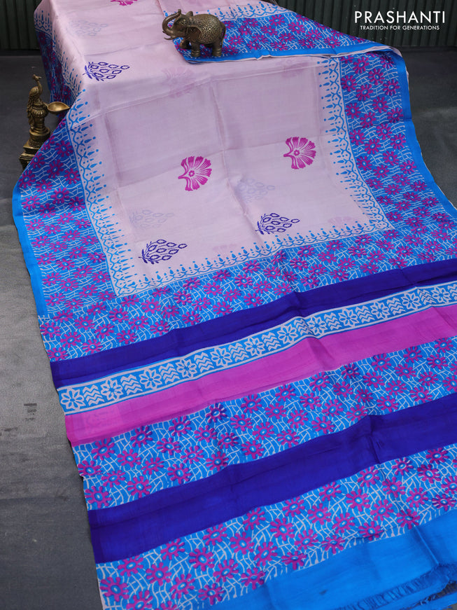 Bishnupuri silk saree pastel pink and cs blue with butta prints and printed border