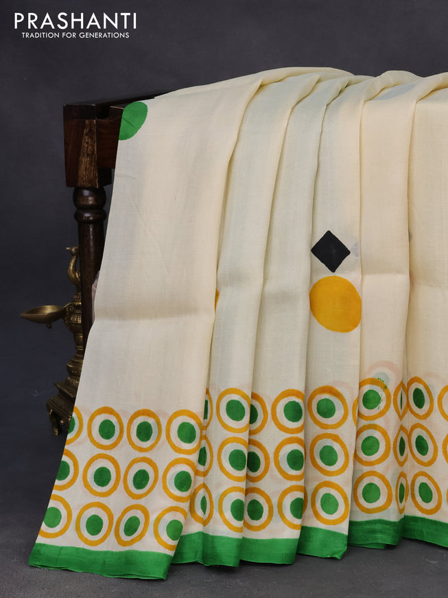 Bishnupuri silk saree cream and green with butta prints and printed border