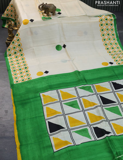 Bishnupuri silk saree cream and green with butta prints and printed border