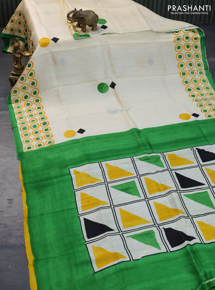 Bishnupuri silk saree cream and green with butta prints and printed border