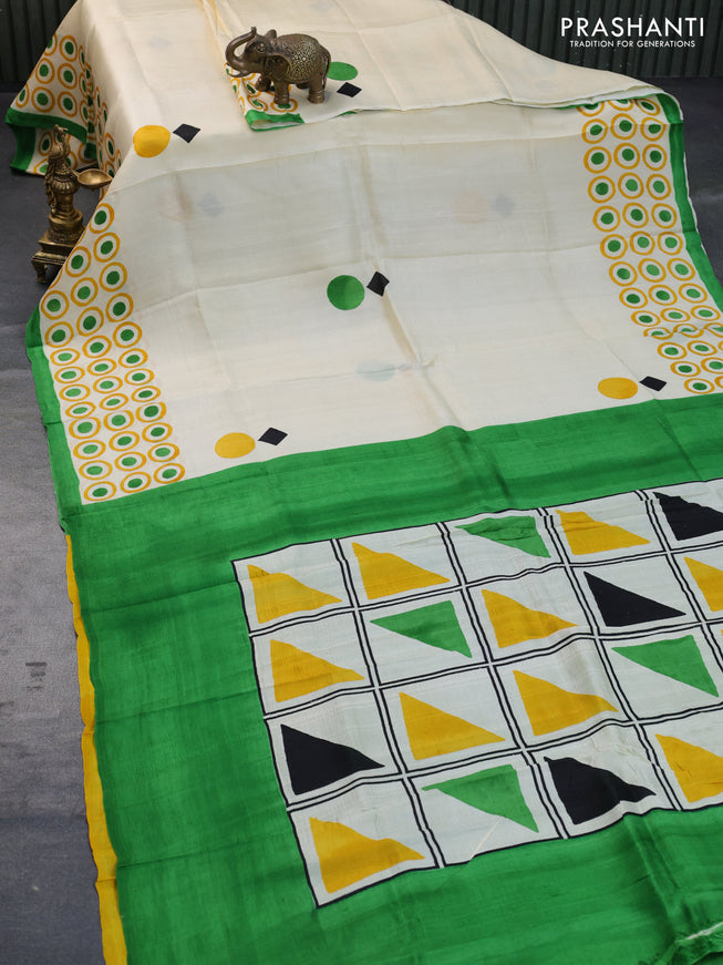 Bishnupuri silk saree cream and green with butta prints and printed border