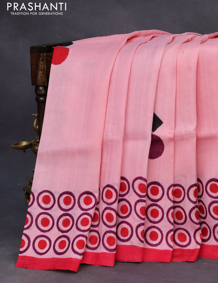 Bishnupuri silk saree peach pink and red with butta prints and printed border