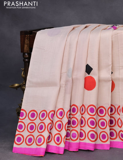 Bishnupuri silk saree cream and pink with butta prints and printed border