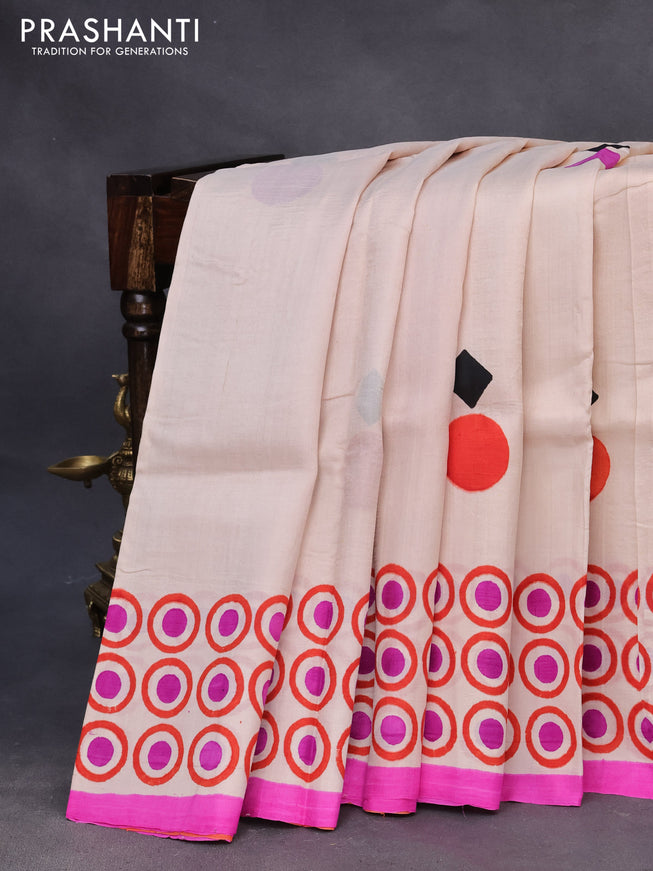 Bishnupuri silk saree cream and pink with butta prints and printed border