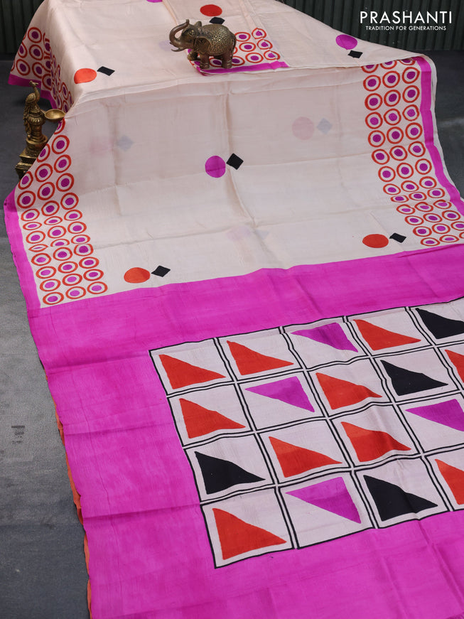 Bishnupuri silk saree cream and pink with butta prints and printed border