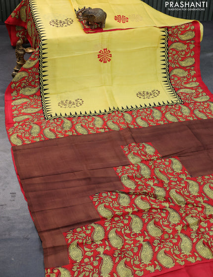 Bishnupuri silk saree yellow and red with butta prints and printed border