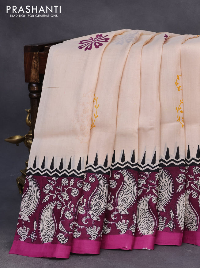 Bishnupuri silk saree cream and purple with butta prints and printed border