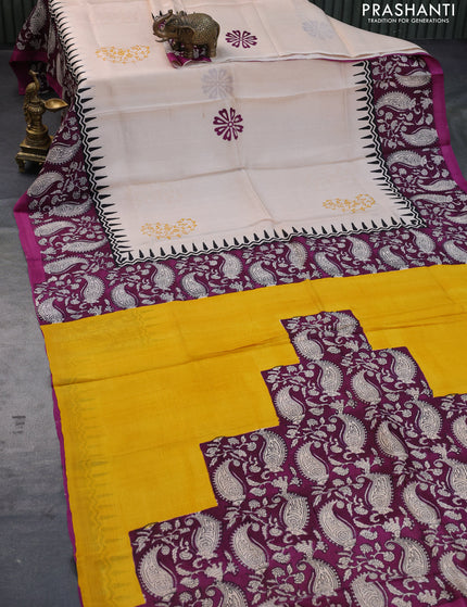 Bishnupuri silk saree cream and purple with butta prints and printed border