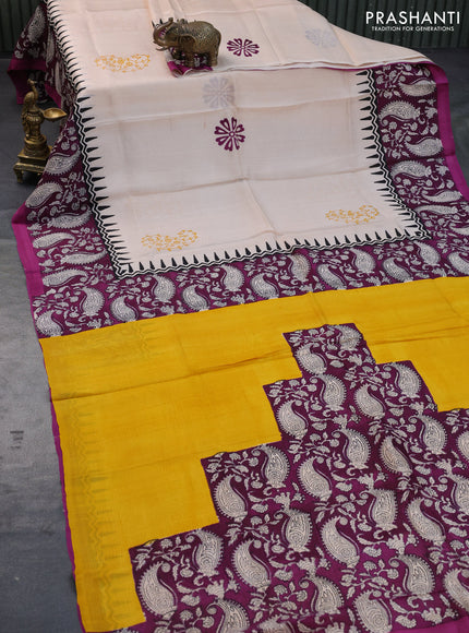 Bishnupuri silk saree cream and purple with butta prints and printed border