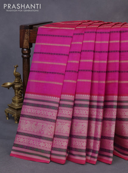 Kanjivaram silk cotton saree magenta pink with allover thread weaves and long thread woven border