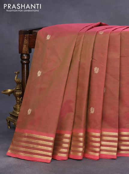 Kanjivaram silk cotton saree dual shade of greenish pink with annam zari woven buttas and zari woven border