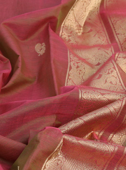 Kanjivaram silk cotton saree dual shade of greenish pink with annam zari woven buttas and zari woven border