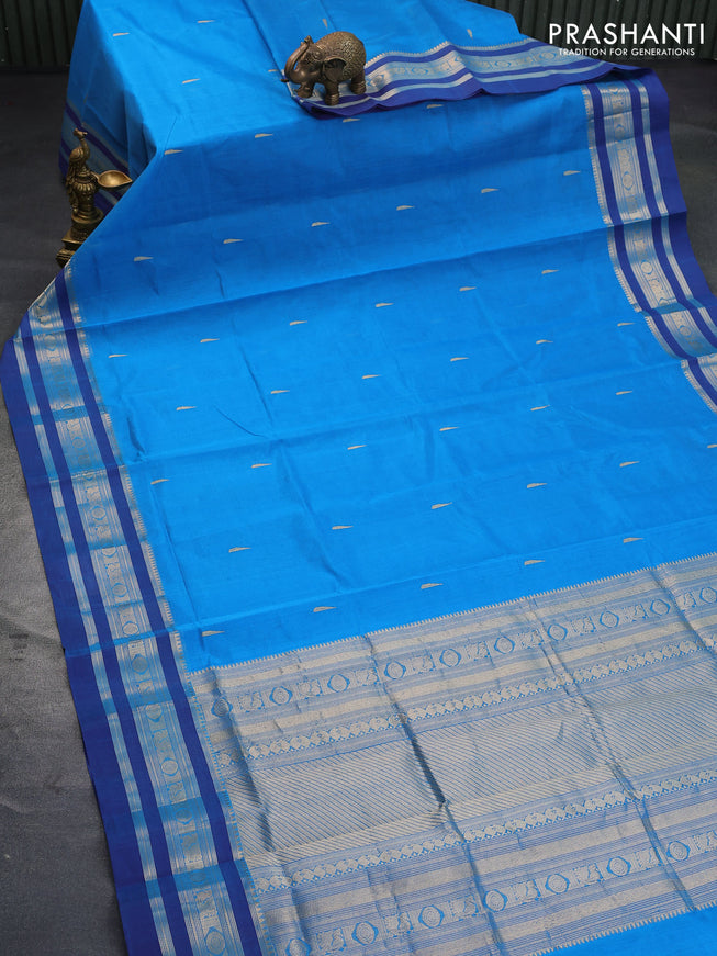 Kanjivaram silk cotton saree cs blue and blue with thread & zari woven buttas and zari woven border