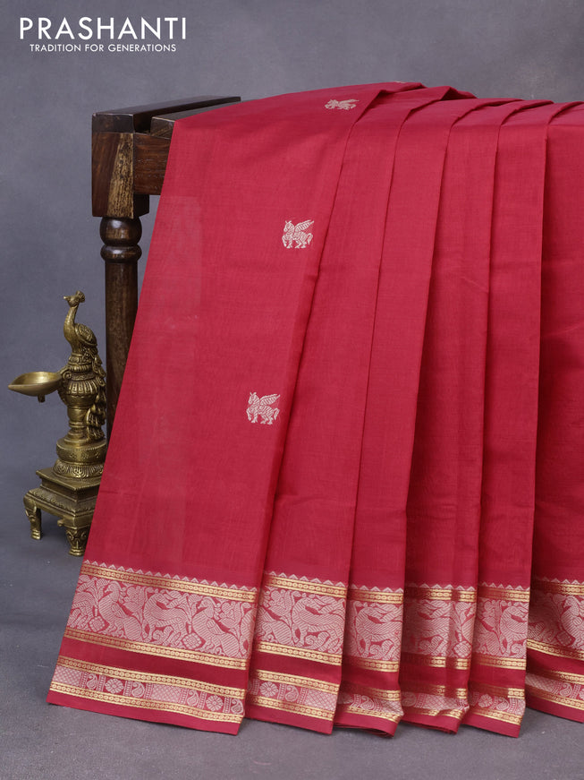 Kanjivaram silk cotton saree red with thread woven buttas and thread & zari woven border