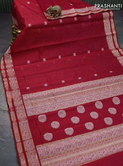 Kanjivaram silk cotton saree red with thread woven buttas and thread & zari woven border