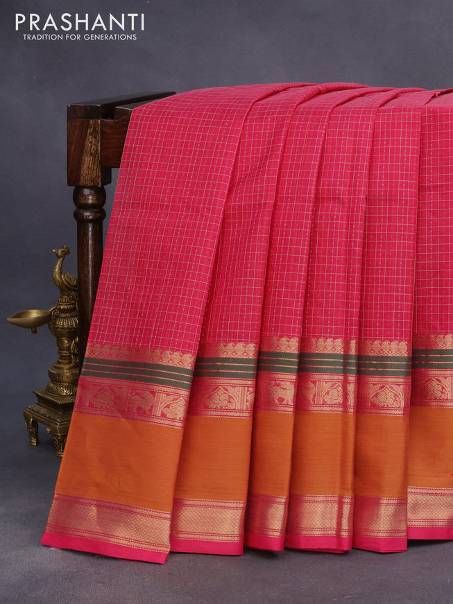 Kanjivaram silk cotton saree pink and mustard shade with allover thread checks & buttas and rettapet zari woven border