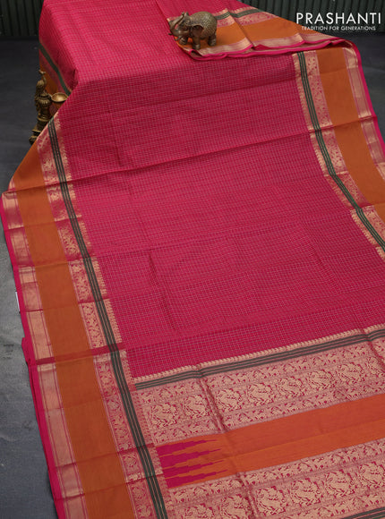 Kanjivaram silk cotton saree pink and mustard shade with allover thread checks & buttas and rettapet zari woven border