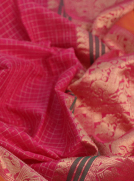 Kanjivaram silk cotton saree pink and mustard shade with allover thread checks & buttas and rettapet zari woven border