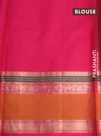 Kanjivaram silk cotton saree pink and mustard shade with allover thread checks & buttas and rettapet zari woven border